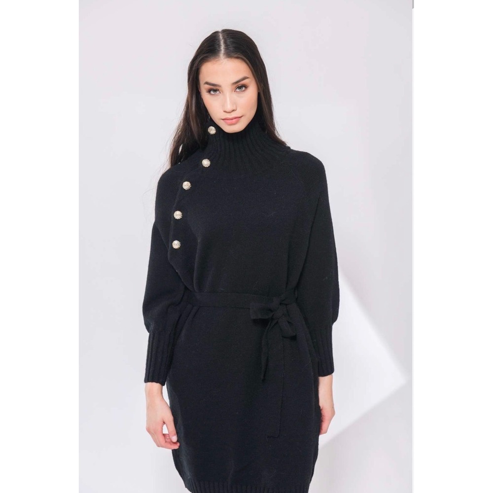 Black Turtleneck Knit Sweater Dress Gold Button Lantern Sleeve Belted Small Midi - Picture 5 of 11
